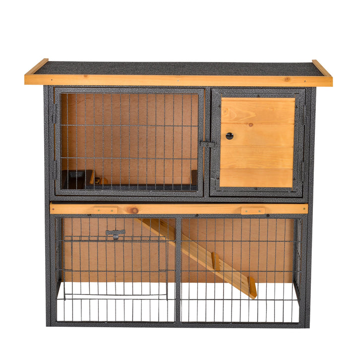 PawHut Wood-metal Guinea Pigs Hutches Elevated Pet House Bunny Cage with Slide-Out Tray Asphalt Openable Roof Lockable Door Outdoor | Aosom UK