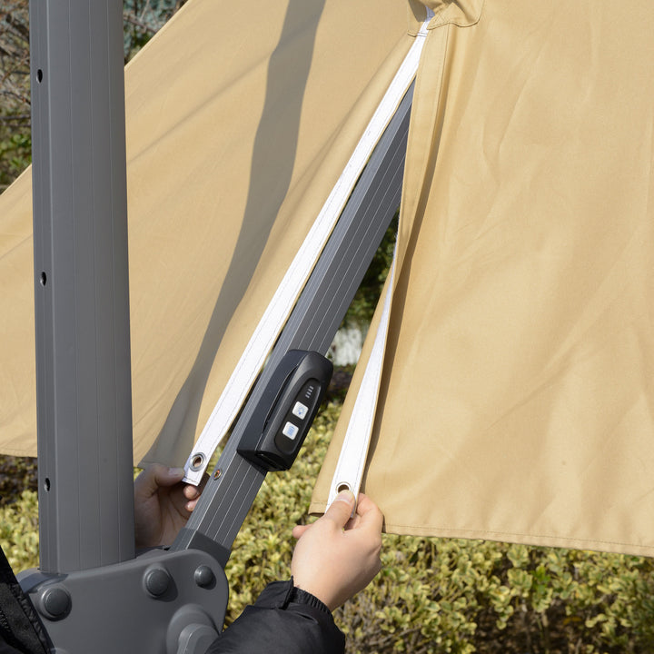 3m Cantilever Parasol, Outdoor Offset Patio Umbrella, Solar LED Lighted Hanging Sun Shade Canopy with Tilt and Crank Handle, Cross Base for Lawn, Khaki