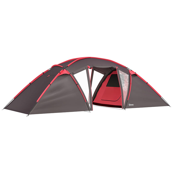 4-6 Man Family Camping Tent w/ 2 Bedrooms and a Living Room, Waterproof Tunnel Tent w/ Sewn In Groundsheet, Doors, Windows, Carry Bag, Grey