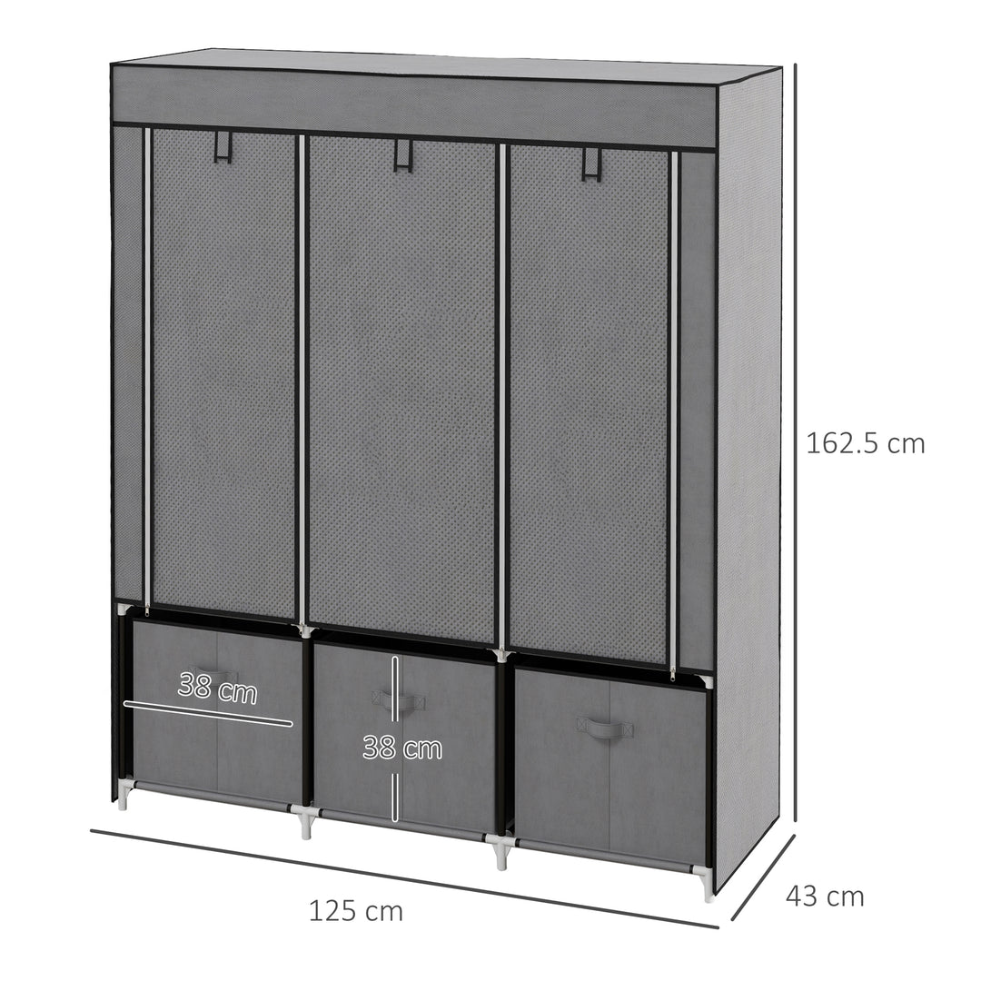Fabric Wardrobe for Bedroom, Portable Wardrobe with 5 Shelves, 2 Hanging Rails and 3 Fabric Drawers, Foldable Closet, 125 x 43 x 162.5cm, Dark Grey