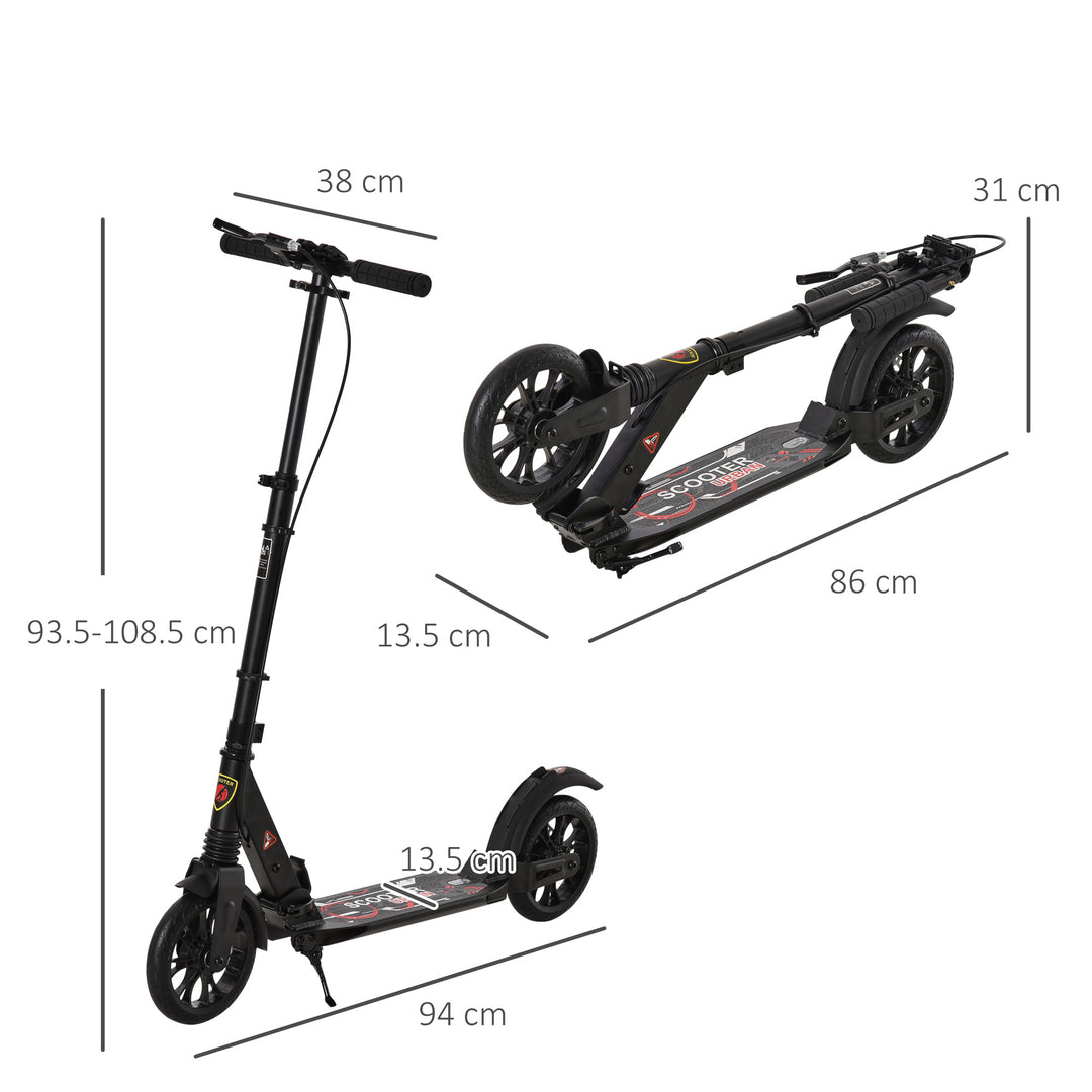 Adult Teens Kick Scooter Foldable Height Adjustable Aluminium Ride On Toy for 14+ w/ Rear Wheel & Hand Brake, 200mm Big Wheels, Shock Mitigation System - Black