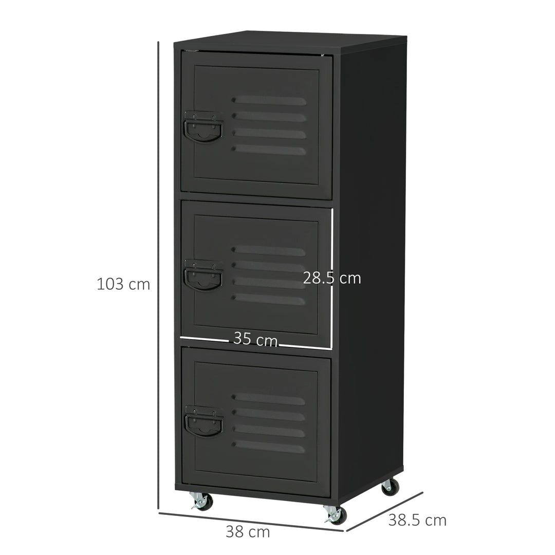 HOMCOM Rolling Storage Cabinet 3-Tier Mobile File Cabinet with Wheels & Metal Doors for Home Office, Living Room, Black | Aosom UK