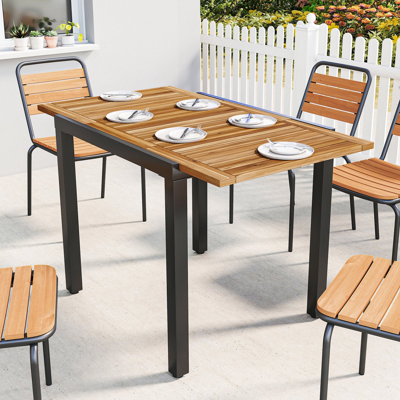 Patio Dining Table Expandable Outdoor Dining Table Acacia Wood Top 80-