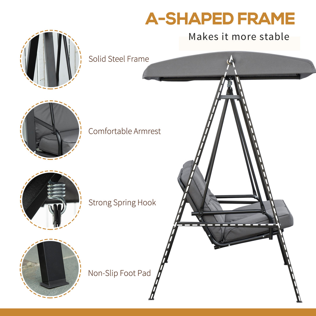 2 Seater Garden Swing Chair with Adjustable Tilting Canopy, Outdoor Hammock Bench with Steel Frame for Patio, Grey