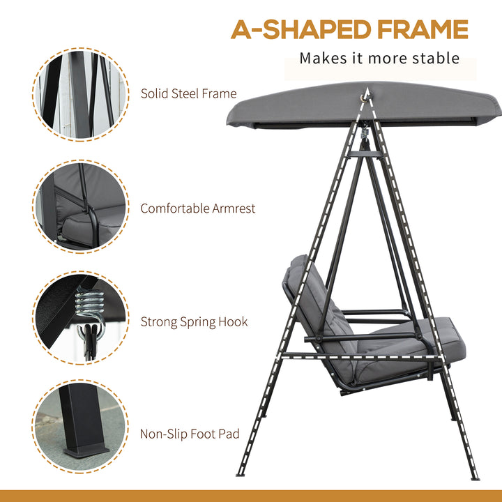 2 Seater Garden Swing Chair with Adjustable Tilting Canopy, Outdoor Hammock Bench with Steel Frame for Patio, Grey