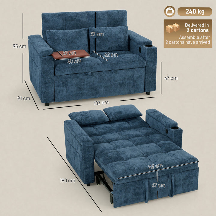 2 Seater Sofa Bed, 3-in-1 Convertible Pull Out Sleeper Bed with - view 3