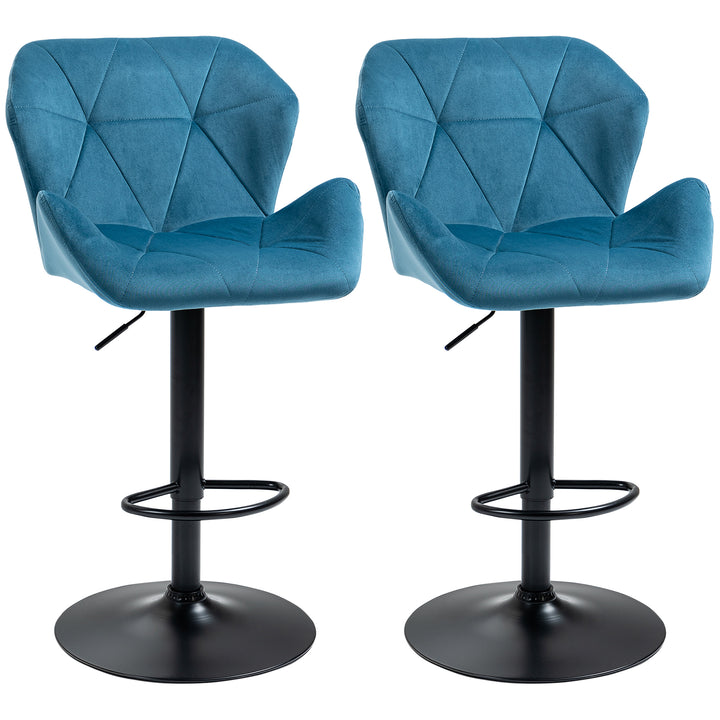 HOMCOM Bar Chair Set of 2, Velvet-Touch Bar Stools w/ Metal Frame Footrest Round Base, Adjustable Triangle Indenting Moulded Seat, Blue | Aosom UK