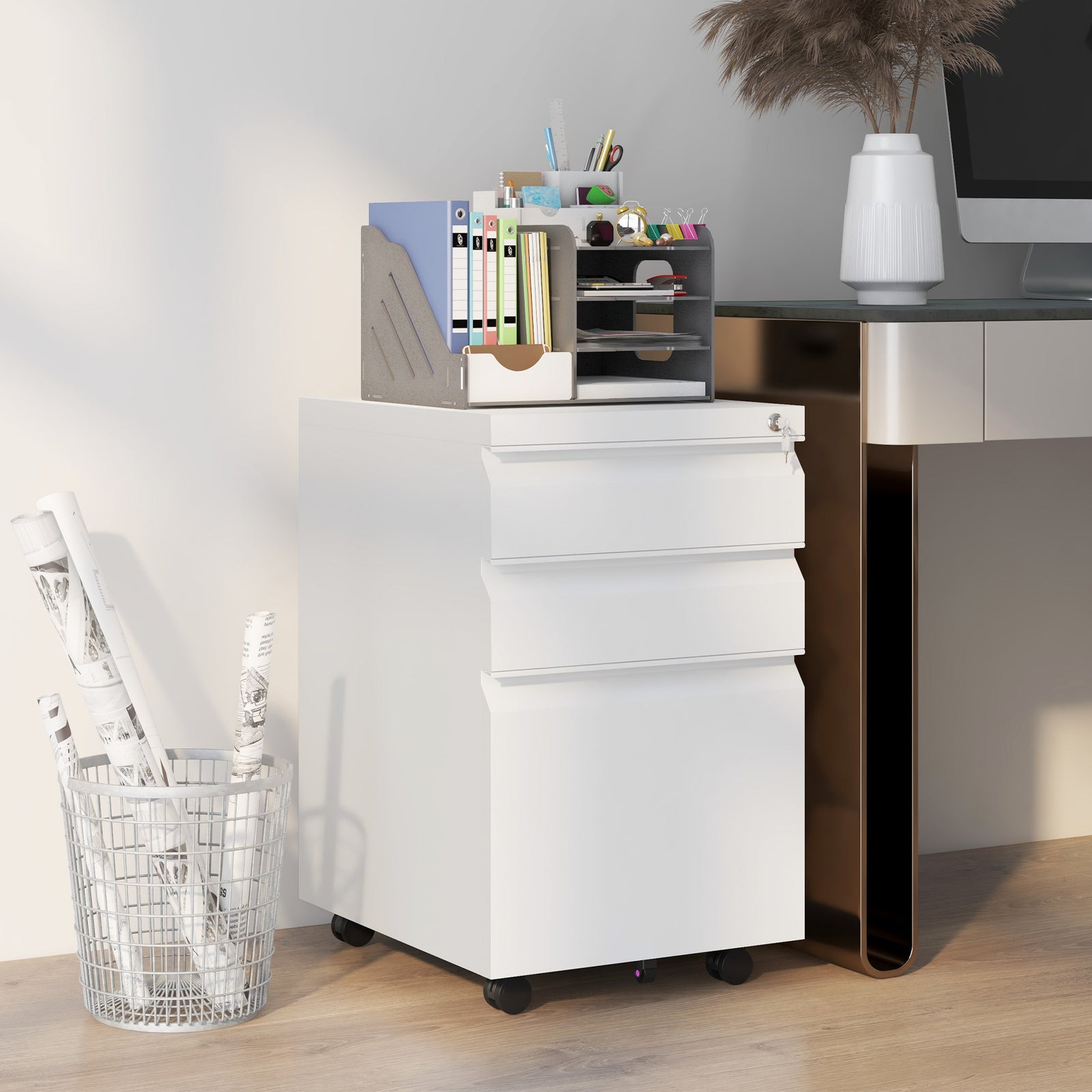 3-Drawer Filing Cabinet with Lock, Mobile Steel File Cabinet for A4, Legal and Letter Size, Under Desk Drawers with Pre-Assembled Body for Home Office, 37 x 43.5 x 60 cm, White