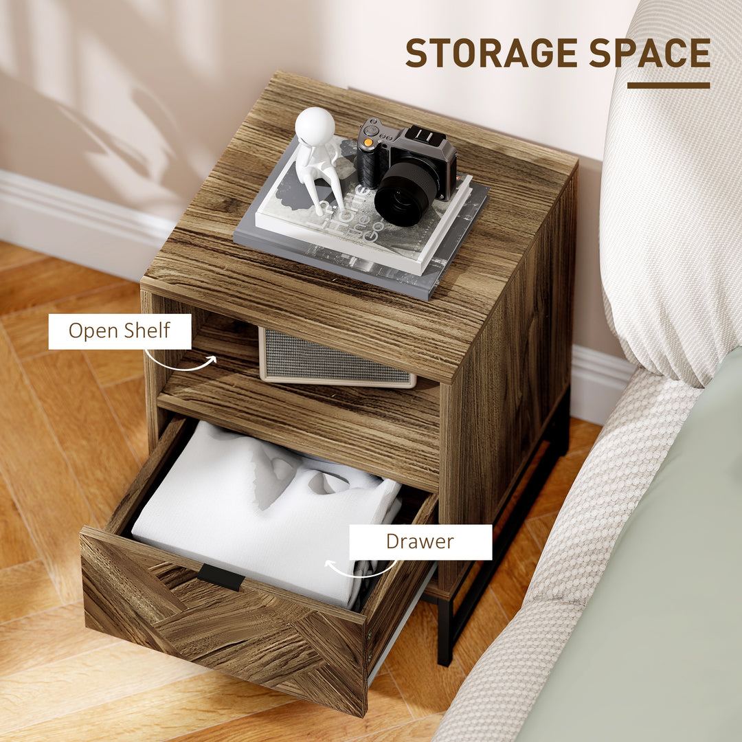 Bedside Table with Drawer and Shelf, Side End Table with Steel Legs for Living Room, Bedroom, Brown Wood Effect