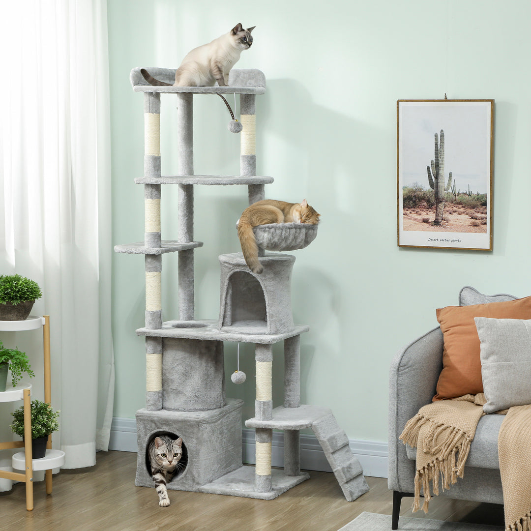 MCL 170 cm Large Cat Tree, Cat Tower with 7 Scratching Posts, Tunnel, 2 Condos, Hammock, Perch, Ramp, Pompoms, Light Grey