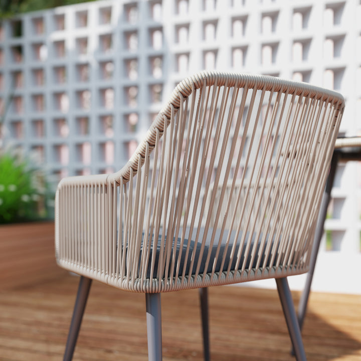4 Seater Rattan Dining Set, Rattan Garden Furniture Set with Parasol Hole, Outdoor Dining Table and Chairs Set with Cushions, Round Glass Top Table for Patio, Balcony, Light Brown