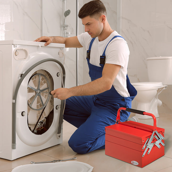 MCL Metal Tool Box 3 Tier 5 Tray Professional Portable Storage Cabinet Workshop Cantilever Toolbox with Carry Handle, 56cmx20cmx34cm, Red