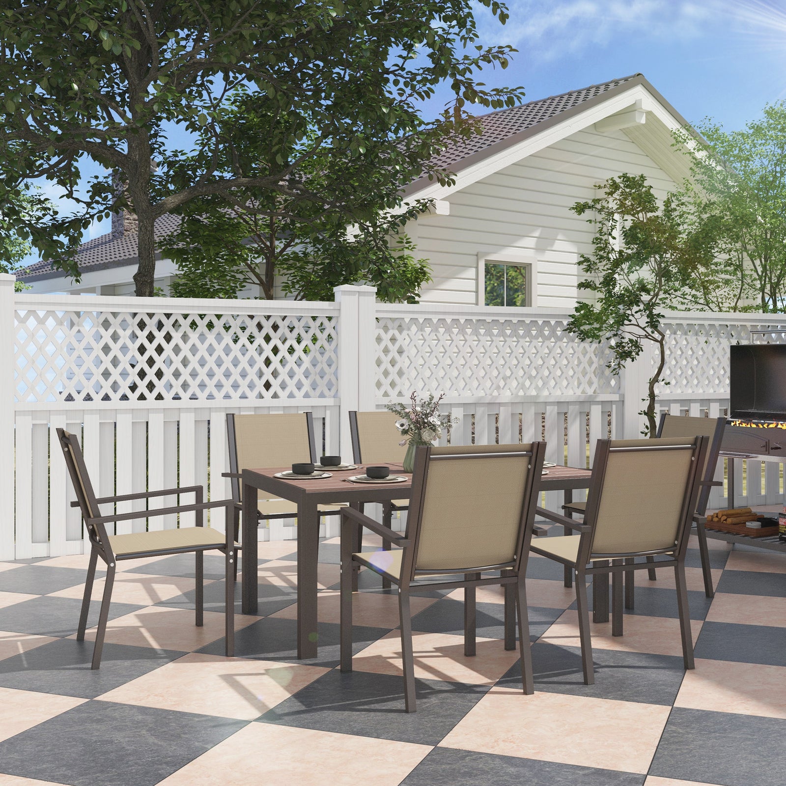 Seven-Piece Garden Dining Set, with Plastic Wood-Top Table - Brown