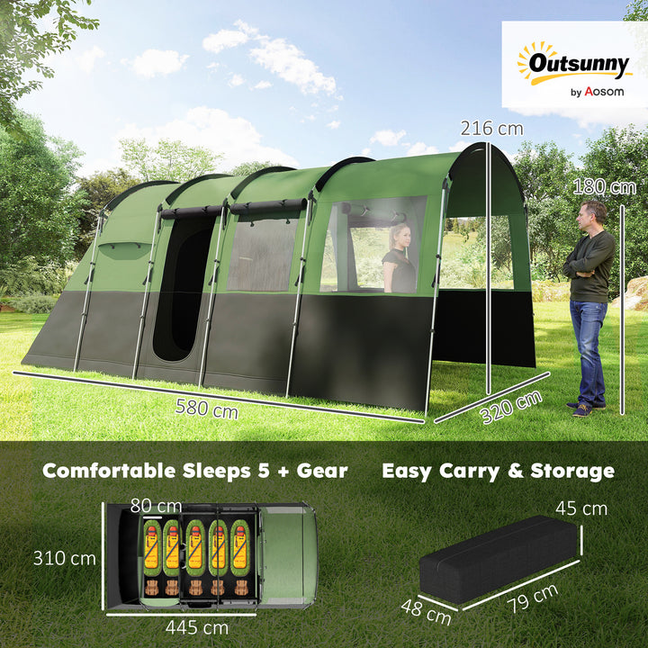 8-Person Camping Tent, Waterproof Family Tent, Tunnel Design, 4 Large Windows, Sleeping Cabins 3000mm Water Column Green