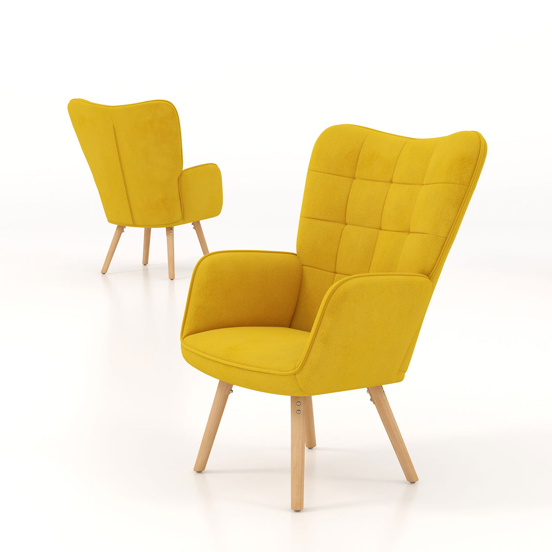 HOMCOM Modern Accent Chair Velvet-Touch Tufted Wingback Armchair Upholstered Leisure Lounge Sofa w/ Wood Legs, Set of 2, Yellow | Aosom UK