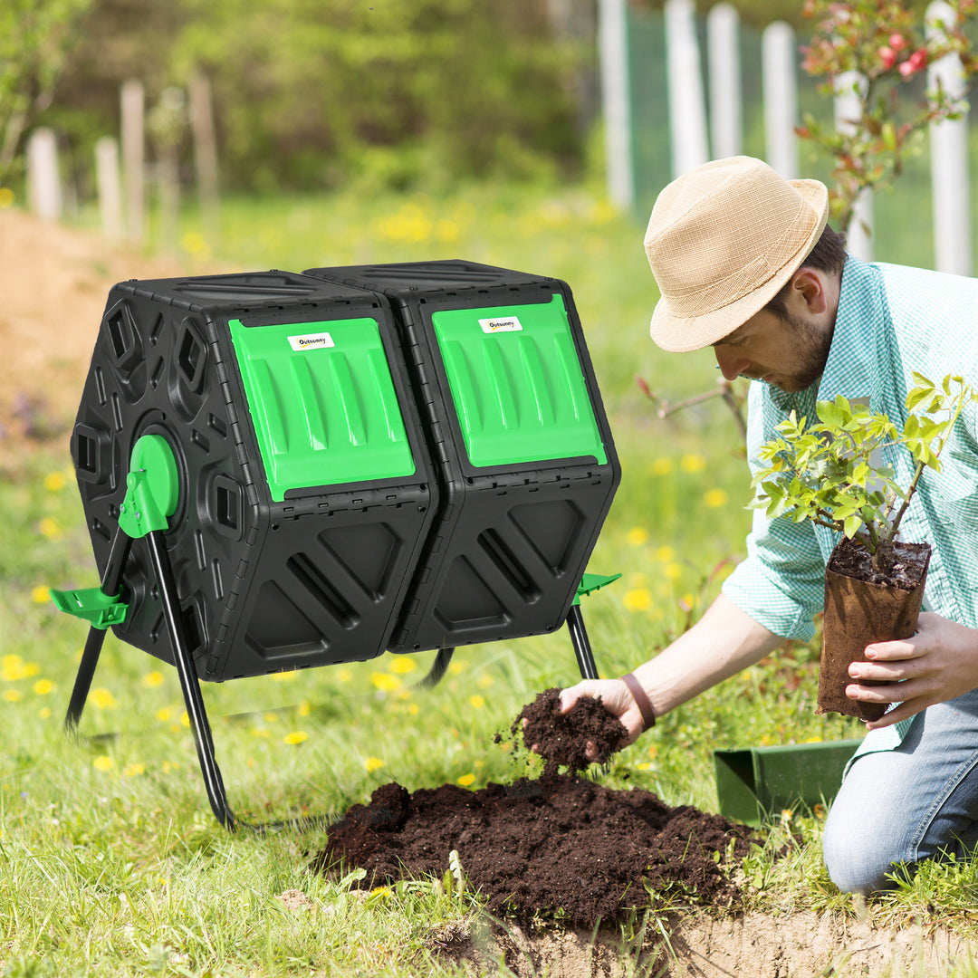 Outsunny Dual Chamber Garden Compost Bin, 130L Rotating Composter, Compost Maker with Ventilation Openings and Steel Legs | Aosom UK