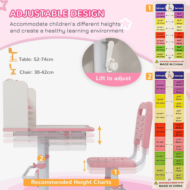 ZONEKIZ Height Adjustable Kids Study Table and Chair Set, with Drawer, Storage Shelf, 80 x 54.5 x 104 cm, Pink | Aosom UK