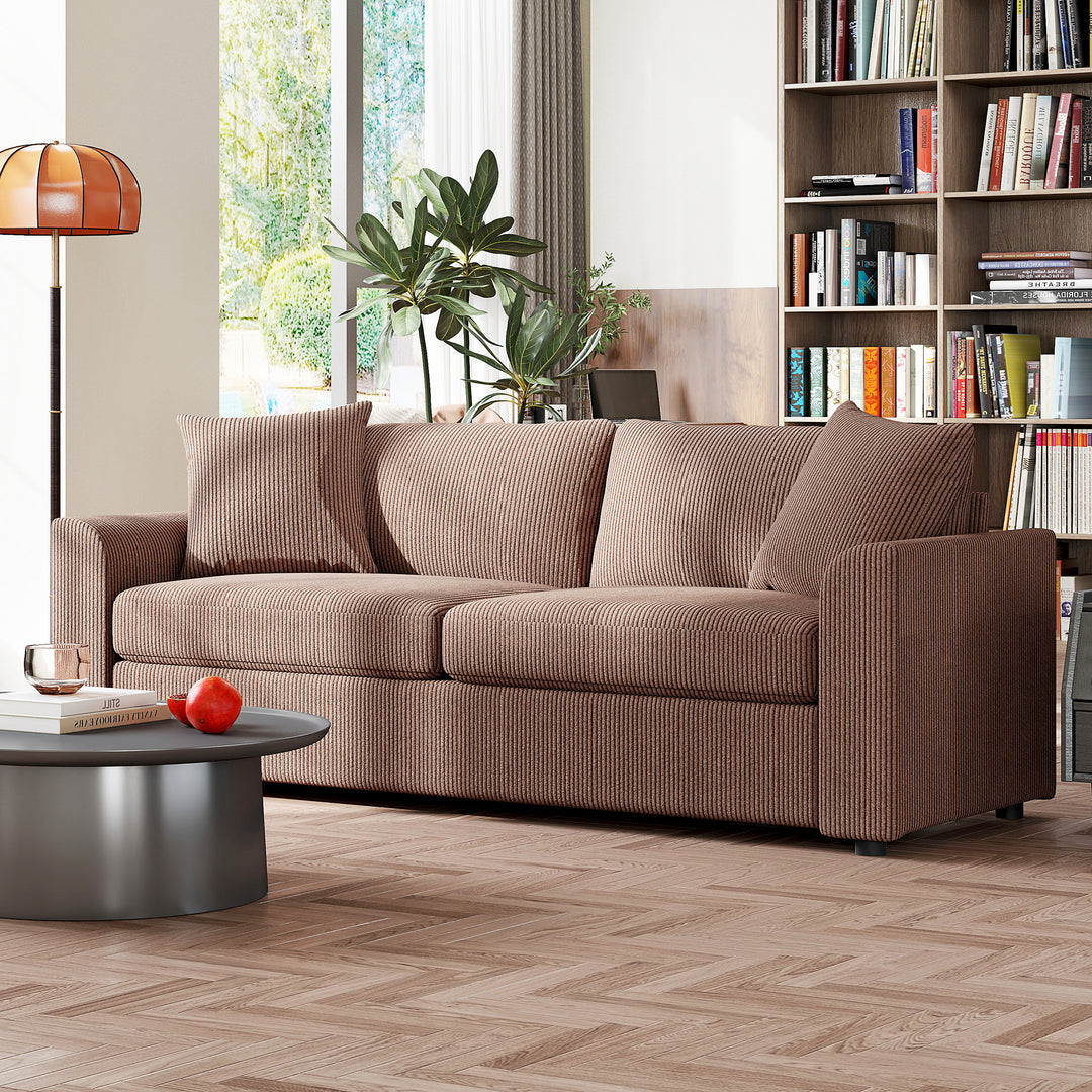 Modern 3 Seater Sofa with Spring Cushion, 212 cm Fabric Jumbo Cord Sofa Couch with 2 Scatter Cushions, Upholstered Corduroy Settee for Living Room, Bedroom, Home Office, Coffee