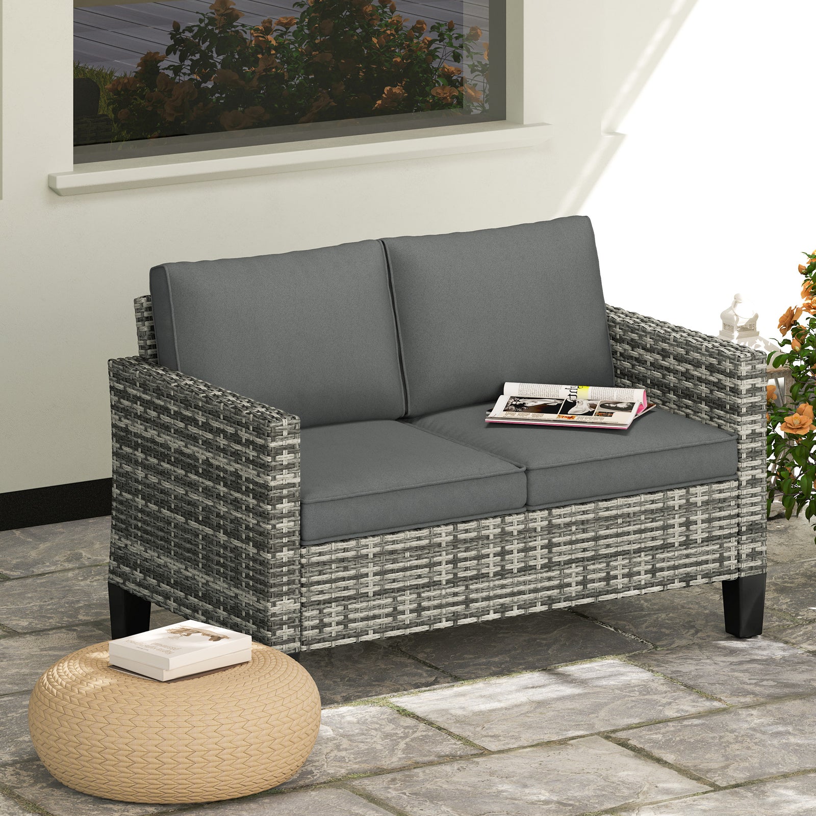 Two-Seater Rattan Outdoor Sofa - Light Grey