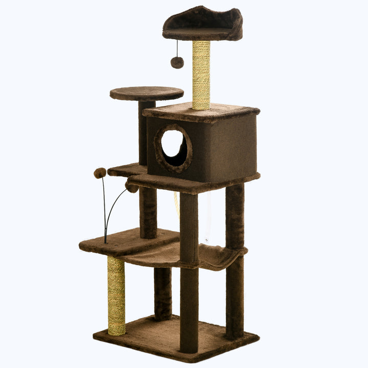 PawHut 136cm Cat Tree for Indoor Cats, Modern Cat Tower with Scratching Posts, house, Platforms, Toy Ball - Brown | Aosom UK