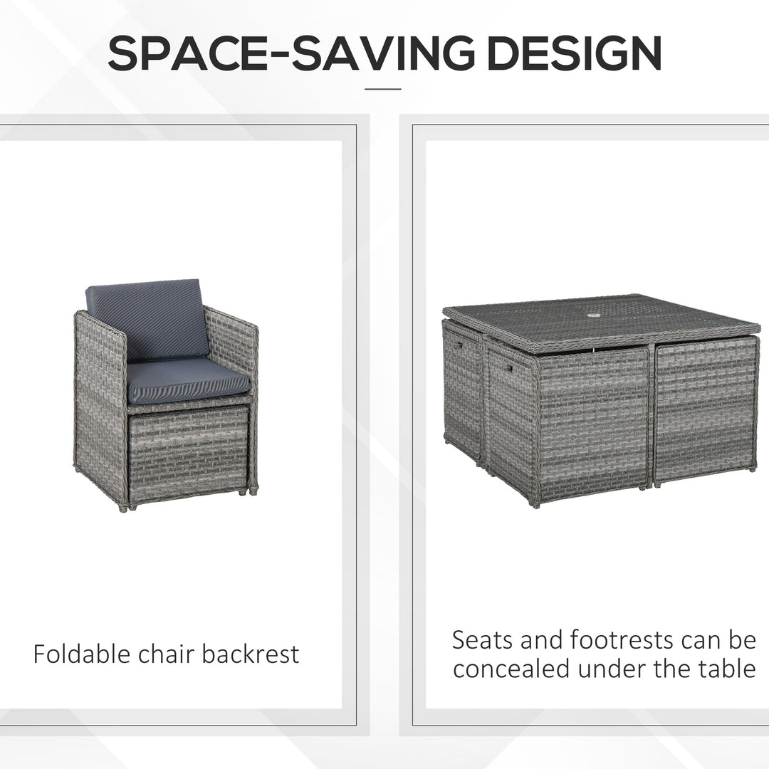 8 Seater Rattan Cube Garden Furniture Set with Parasol Hole, Rattan Dining Set with Cushions, Outdoor Dining Table and Chairs with Square Glass Top Table for Patio, Balcony, Mixed Grey