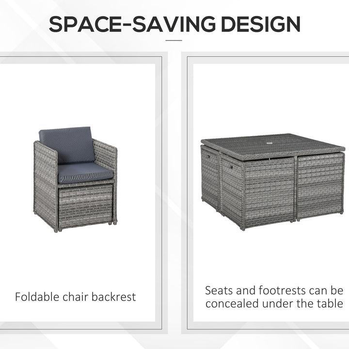 8 Seater Rattan Cube Garden Furniture Set with Parasol Hole, Rattan Dining Set with Cushions, Outdoor Dining Table and Chairs with Square Glass Top Table for Patio, Balcony, Mixed Grey