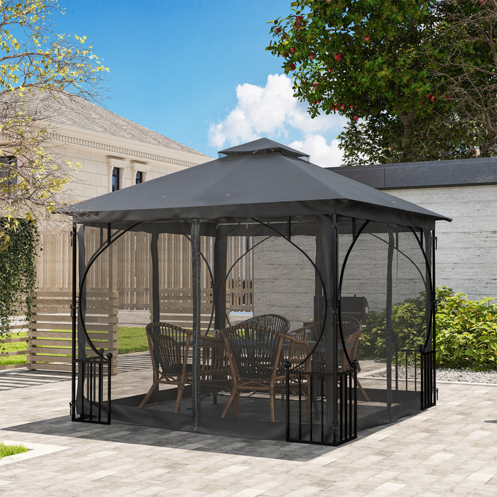 MCL 3 x 3m Garden Gazebo Patio Party Tent Shelter Outdoor Canopy Double Tier Sun Shade with Metal Frame and Netting, Dark Grey