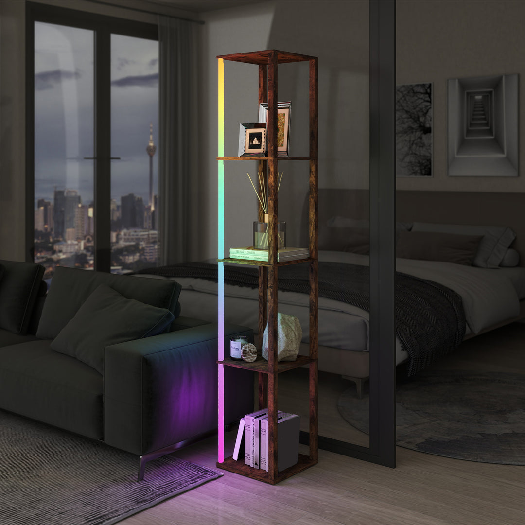 RGB LED Floor Lamp with Shelves, Modern Dimmable Standing Lamp with Remote Control, Adjustable Brightness & Speed for Living Room, Bedroom, Office, Rustic Brown