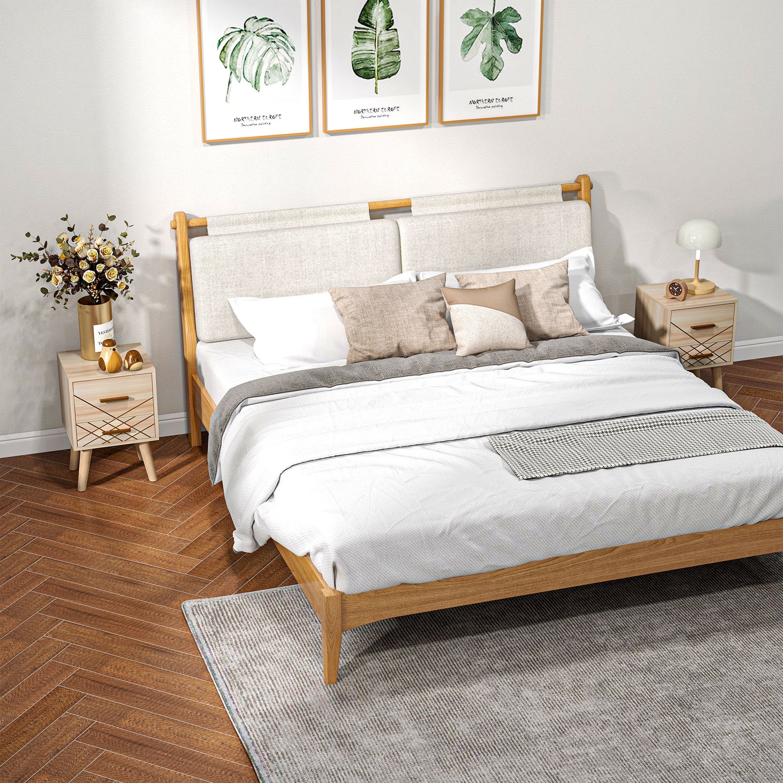 2-Piece Scandinavian Bedside Tables with Drawers, Bedside Cabinets with Wood Legs, Natural