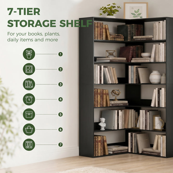 7 Tiers Bookshelf, L-Shaped Corner Bookcase with Anti-Slip Rear Guard,