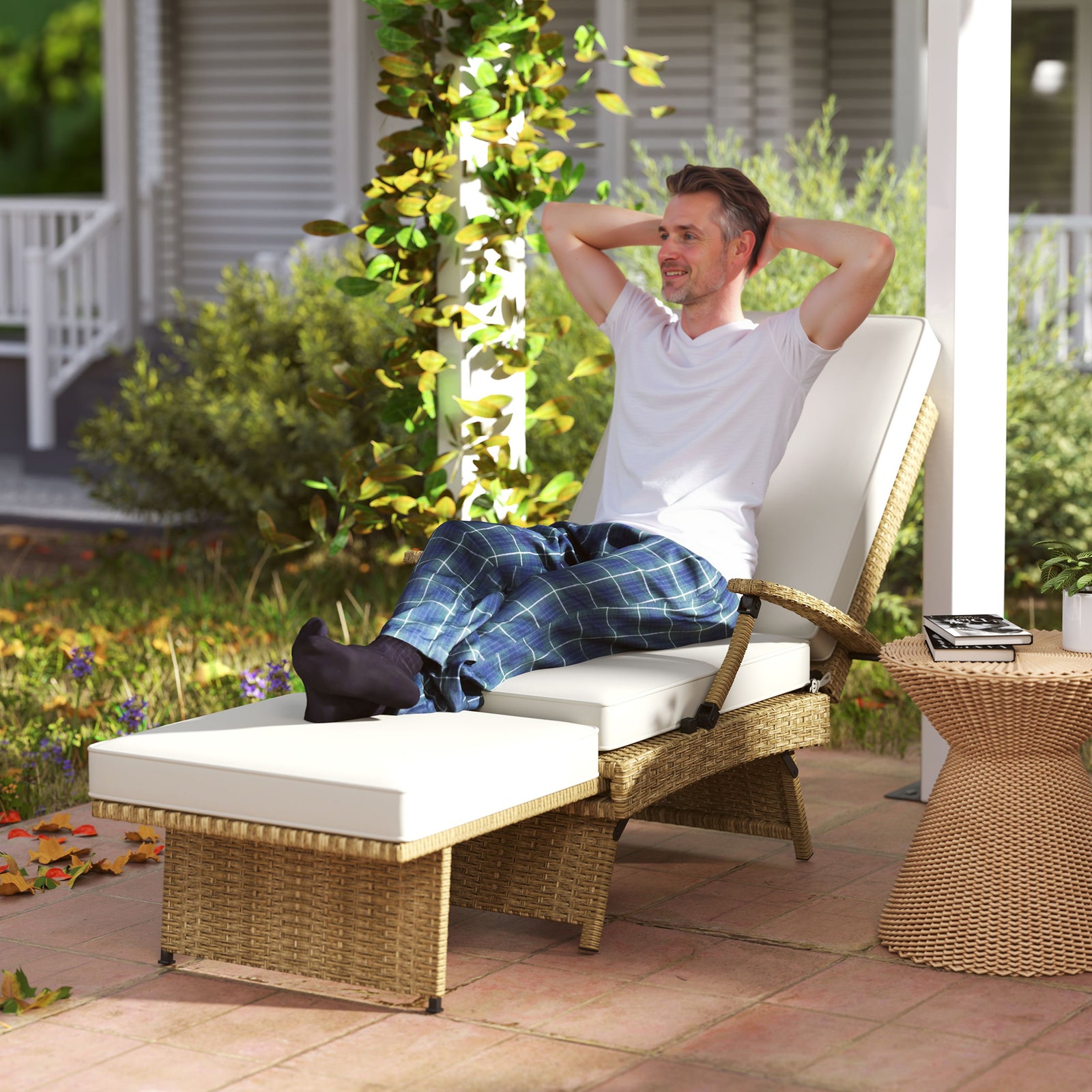 80° Reclining Rattan Lounger - White/Beige