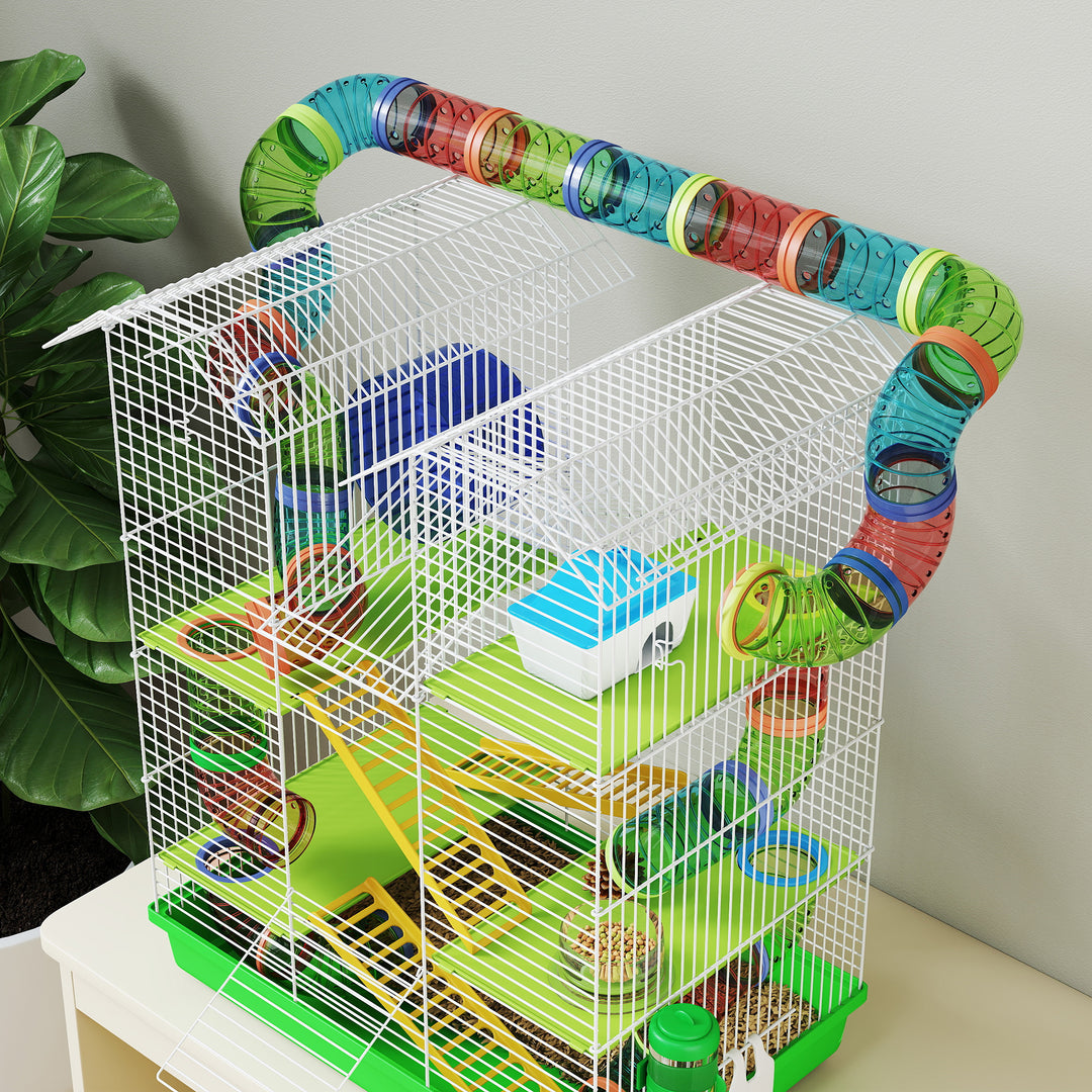 5 Tier Hamster Cage Carrier Habitat with Exercise Wheels Tunnel Tube Water Bottle Dishes House Ladder for Dwarf Mice, Green