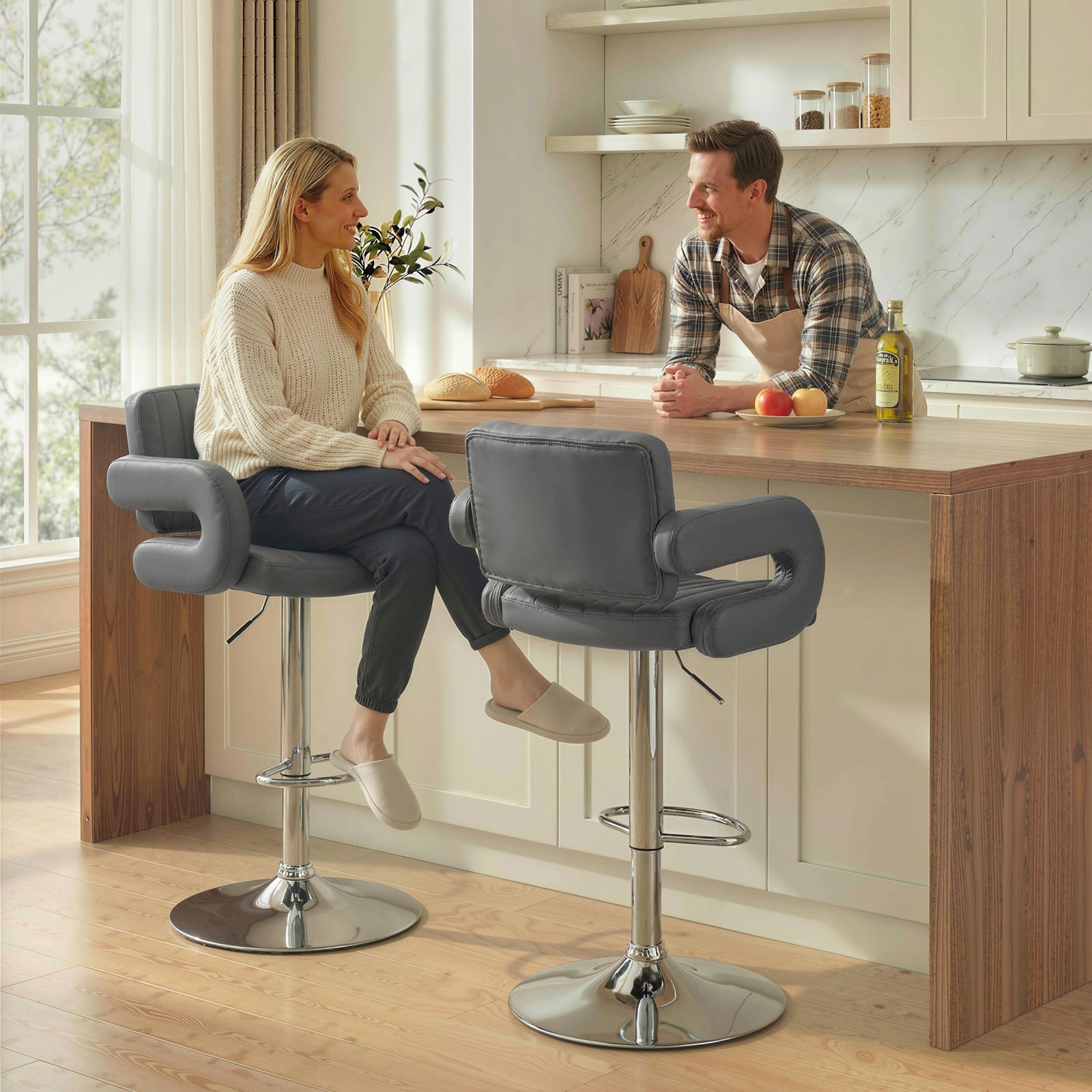 Bar Stools Adjustable Swivel Kitchen Chairs with Backrest Armrest Set 