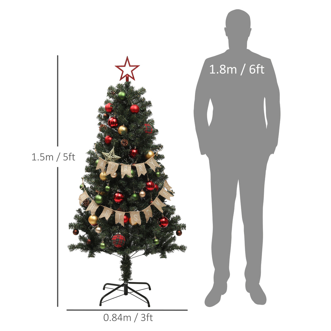 5ft Pre-Lit Xmas Tree with Decorations, Green, Red and Warm White