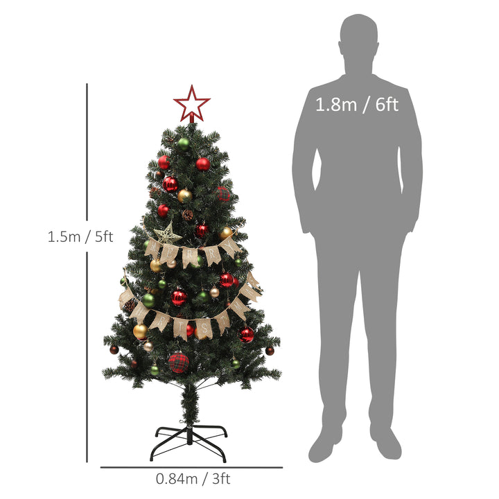 5ft Pre-Lit Xmas Tree with Decorations, Green, Red and Warm White