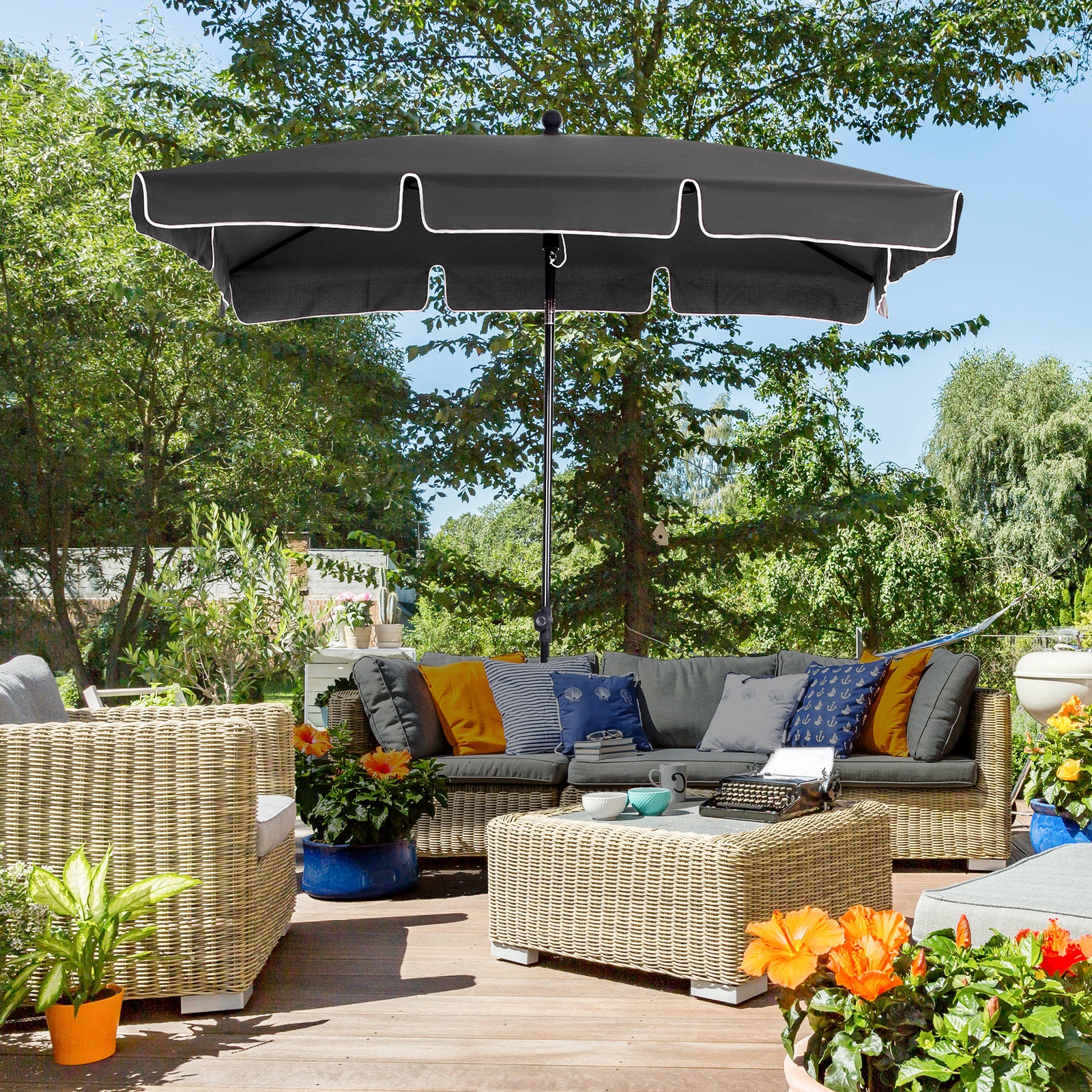 Garden Parasol Umbrella, Outdoor Market Table Umbrella with Ruffles & Aluminium Pole, Rectangular Tilting Parasol Sun Shade Canopy, 2 x 1.3m, Grey