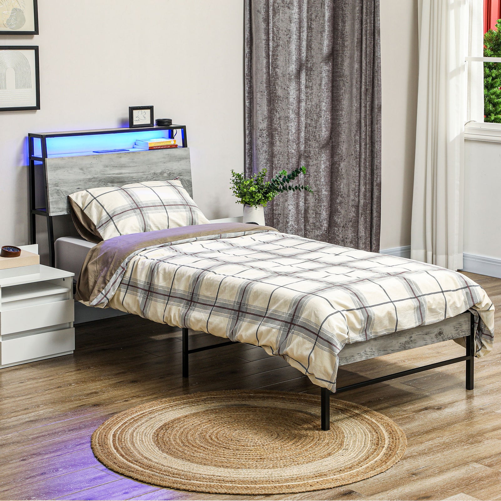 Single Steel Bed Frame, with LED Lights and Headboard Shelf - Grey