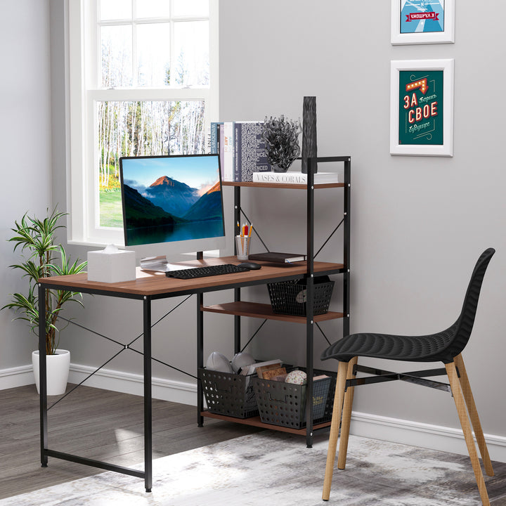 HOMCOM Workstation Desk with 4-Tier Bookshelf, Study PC Table, Home Office, Metal Frame, Wooden Top, Walnut & Black | Aosom UK