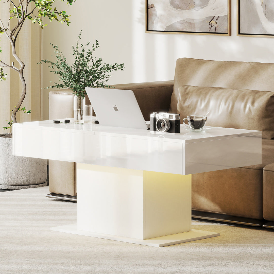 Extendable Coffee Table with LED Lights and Storage - High Gloss