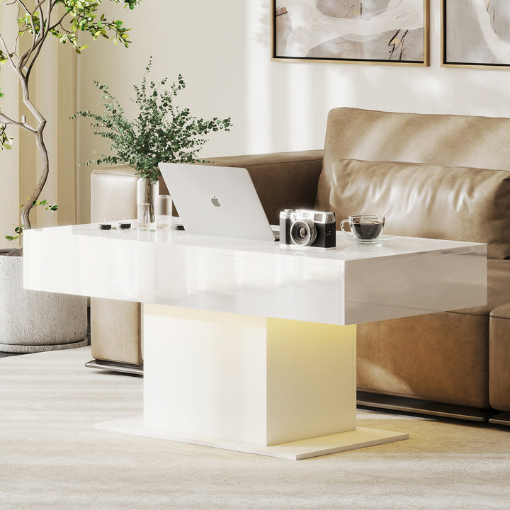 Extendable Coffee Table with LED Lights and Storage - High Gloss