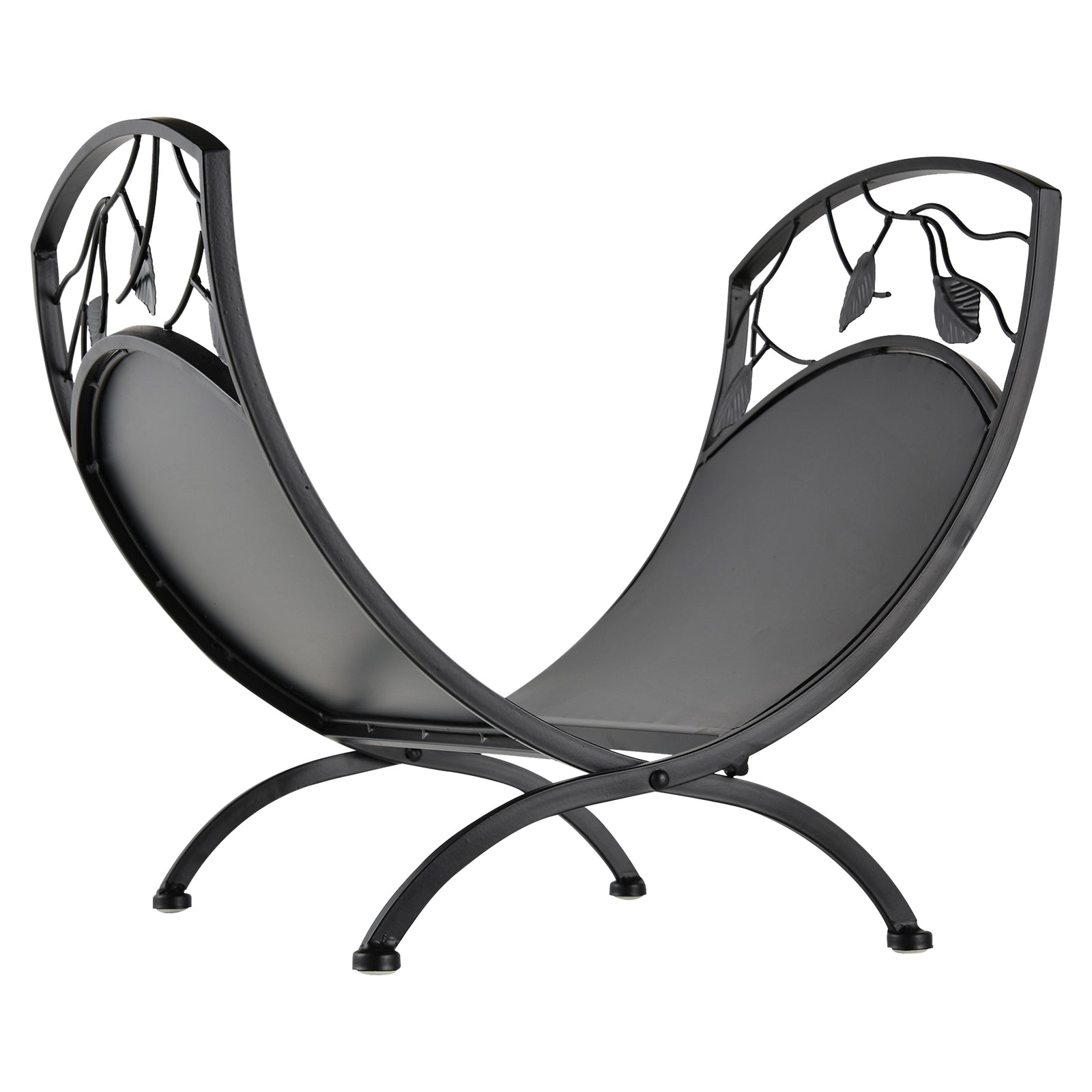 Metal Arced Firewood Log Holder Indoor Outdoor Folding Firewood Rack Fireplace Wood Storage Shelf w/ Leaf Pattern Design, Black, 43.5W x 36.5D x 41H cm