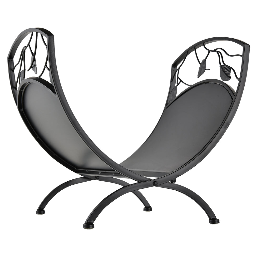 MCL Metal Arced Firewood Log Holder Indoor Outdoor Folding Firewood Rack Fireplace Wood Storage Shelf w/ Leaf Pattern Design, Black, 43.5W x 36.5D x 41H cm