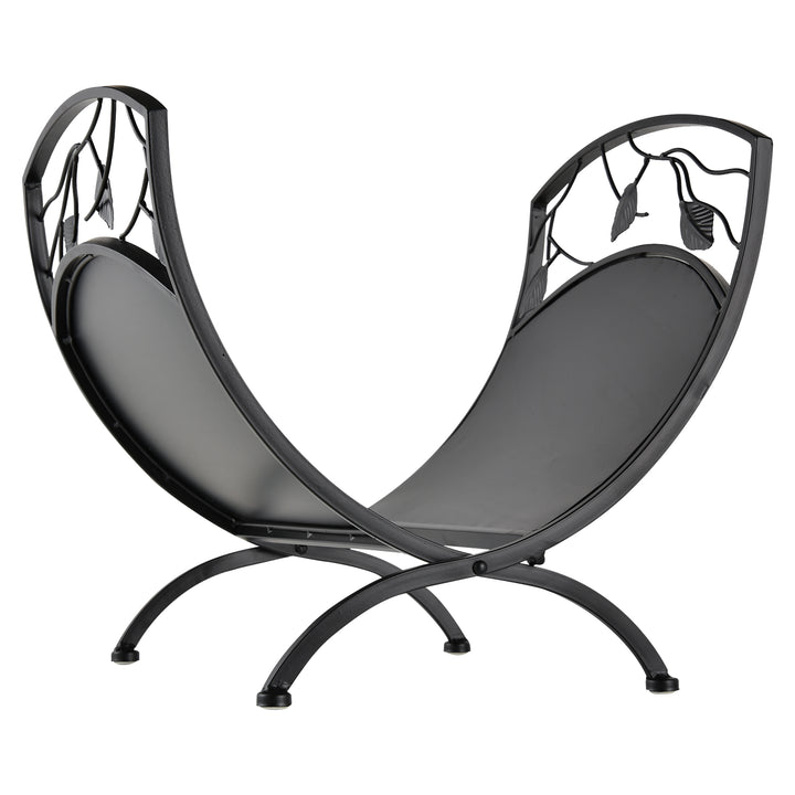 MCL Metal Arced Firewood Log Holder Indoor Outdoor Folding Firewood Rack Fireplace Wood Storage Shelf w/ Leaf Pattern Design, Black, 43.5W x 36.5D x 41H cm