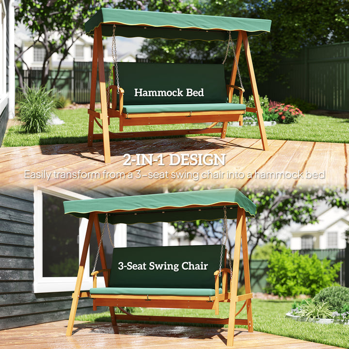 3 Seater 2-in-1 Wooden Garden Swing Seat Swing Chair Outdoor Convertible Hammock Bench Furniture Lounger Bed Wood, Dark Green
