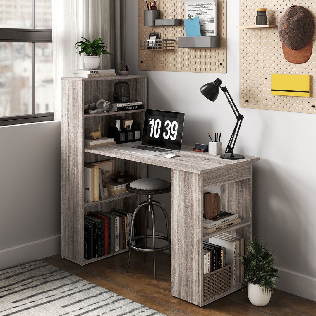 120cm Computer Desk, Wooden PC Laptop Table with 6-Tier Storage Bookshelves, Home Office Working Study Desk, Writing Workstation, Grey