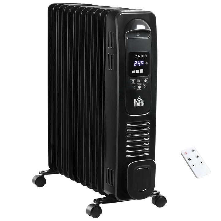 HOMCOM 2720W Digital Display Oil Filled Radiator 11Fin Portable Electric Heater w/ Built-in Timer Three Heat Settings Remote Control | Aosom UK