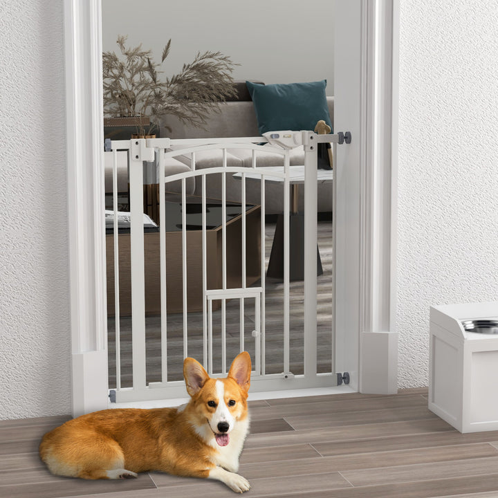 PawHut Safety Pet Gate, Pressure Fit Stair Gate with Cat Door, Auto Close, Double Lock, 74-80cm, White | Aosom UK