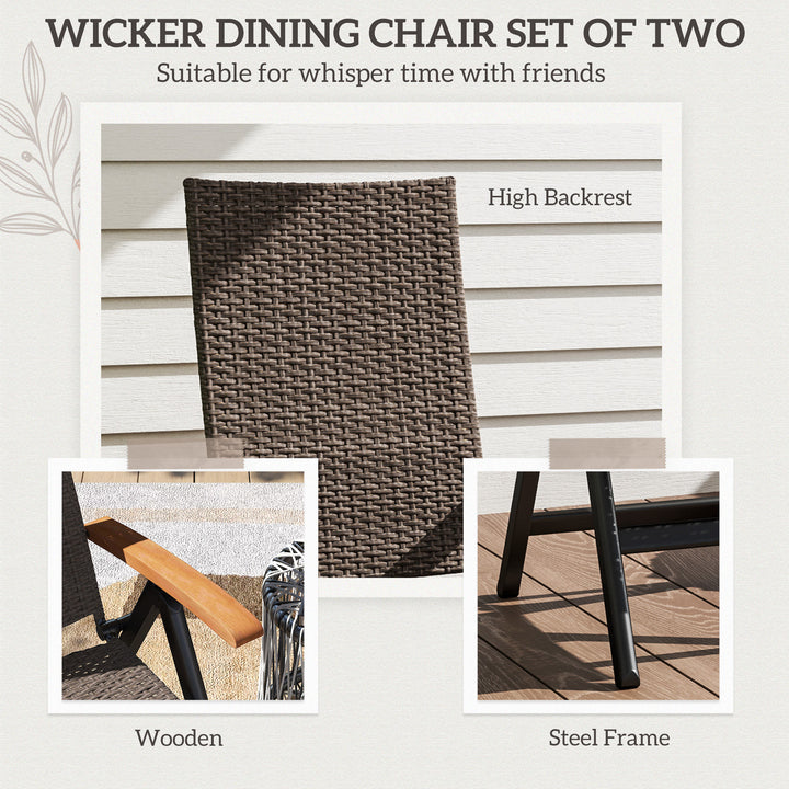 2 Pieces Folding Rattan Garden Dining Chairs with 5-level Reclining High Back, Wood Armrests for Outdoor - Brown
