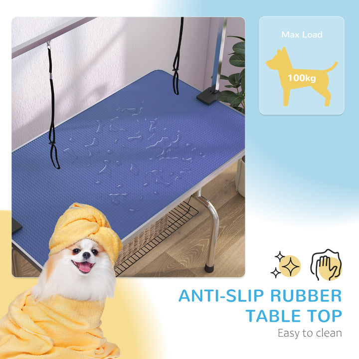 PawHut Adjustable Dog Grooming Table Rubber Top 2 Safety Slings Mesh Storage Basket Heavy Metal Blue 107 x 60 x 170cm | Aosom UK