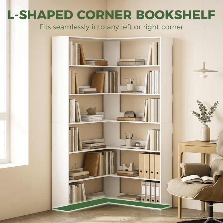 7 Tiers Bookshelf, L-Shaped Corner Bookcase with Anti-Slip Rear Guard,